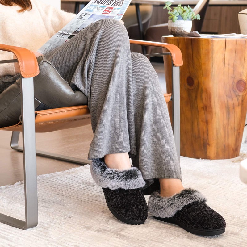 DL Women's House Slippers with Fuzzy Plush Faux Fur Collar, Memory Foam Slip on House Shoes with Indoor Outdoor Anti-Skid Rubber Sole, Black, 7-8 - Image 2